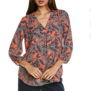 Jones New York Orange Pleated Tunic with Flutter Sleeves